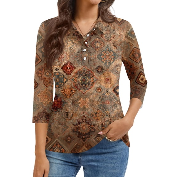 Kixjoy 3/4 Sleeve Tops for Women Button Down Casual V Neck Sweatshirt Floral Print Plus Size Loose Fit T Shirts Fashion Fall Blouses for Women, Light Brown S