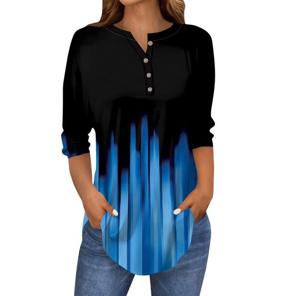 Kixjoy 3/4 Sleeve Tops for Women Elbow Sleeve Henley Shirts Round Neck Button Down T-Shirt Floral Print Plus Size Blouses Dressy Casual Loose Fit Tunic Tops Royal Blue S