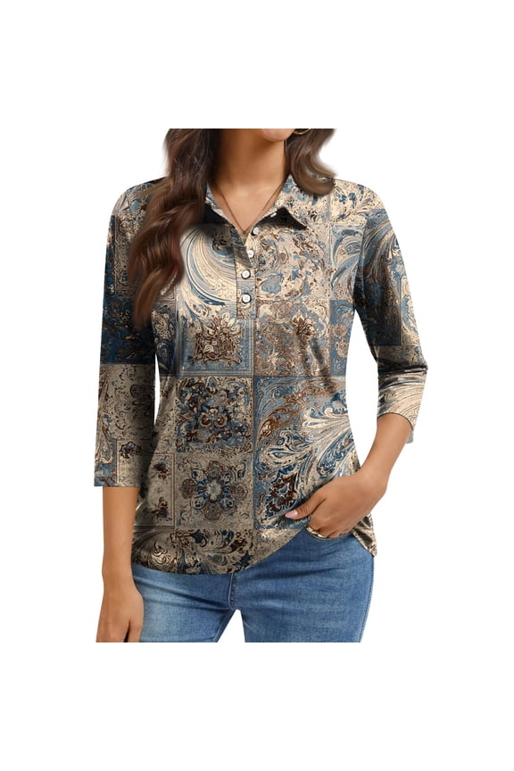 3/4 Sleeve Tops for Women Collared Button Down Polo Shirts Lounge Dressy Trendy Tunic Top Lightweight Cozy Womens T Shirts, Light Brown S
