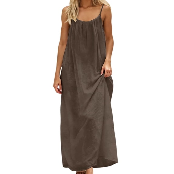 Kixjoy Backless Dresses for Women Casual Sleeveless House Dress Plus Size Fashion Maxi Strap Dress Basic Beach Party Women's Clothing, Brown 3XL