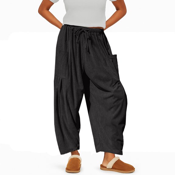 Kixjoy Baggy Pants Women Wide Leg Drawstring Corduroy Pant Plus Size Elastic Waist Casual Sweatpant Basic Palazzo Fall Joggers for Women with Pockets, Black M