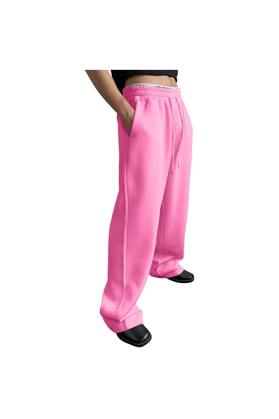 Baggy Sweatpants for Men Wide Leg Big and Tall Elastic Waist Pant Open Bottom Drawstring Lounge Sweatpants Fall Basic Lightweight Joggers for Men with Pockets, Pink L