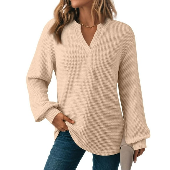 Kixjoy Beige Tops for Women Trendy Fashion Long Sleeve V-Neck Tshirt Plus Size Winter Lightweight Pullover Casual Loose Fit Sweatshirts for Women, BeigeL