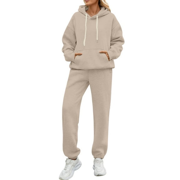 Kixjoy Beige Women Sweatsuits Sets Casual Oversized Fashion Hoodies Sweatpant Set Jogging Winter Fleece Women's Sweatsuits Workout Athletic Tracksuit Women with Pockets, Beige S