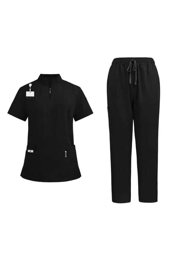 Black Scrubs Sets for Men V Neck Short Sleeve Soft Medical Scrubs Stretch Loose Workwear Nurse Uniform Lightweight Soild Scrub Tee and Pants with Pockets, Black L