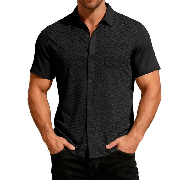Kixjoy Black Shirts for Men Short Sleeve Button Down Big and Tall T Shirts Collared Casual Cozy Dress Shirt Lightweight Basic Trendy T-Shirts with Pockets, Black 3XL