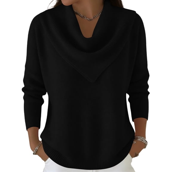 Kixjoy Black Tops for Women Trendy Casual Knit Sweaters for Women Fashion Cowl Neck Winter Clothes Long Sleeve Soild Loose Fit Tops, Black S