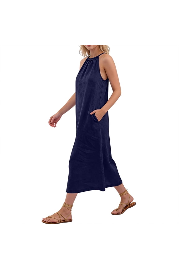 Blue Linen Dress Women Casual Baggy Sleeveless Dress Backless Trendy Maxi Strap Dress Soild Vacation Holiday Women's Clothing, Navy S