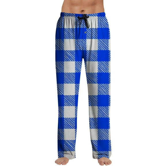 Kixjoy Blue Pajama Pants Men Casual Fleece Plaid Pant Soft Drawstring Straight Leg Pajamas Fall Warm Baggy Men's Sleepwear with Pockets, Blue L