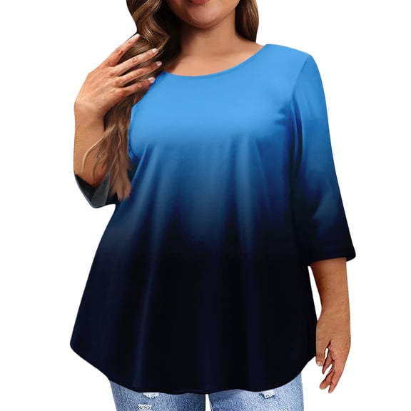 Kixjoy Blue Shirts for Women Plus Size 3/4 Sleeve Crew Neck Shirt Casual Gradient Loose Fit Top Work Fashion Fall Womens Tops, Blue XL