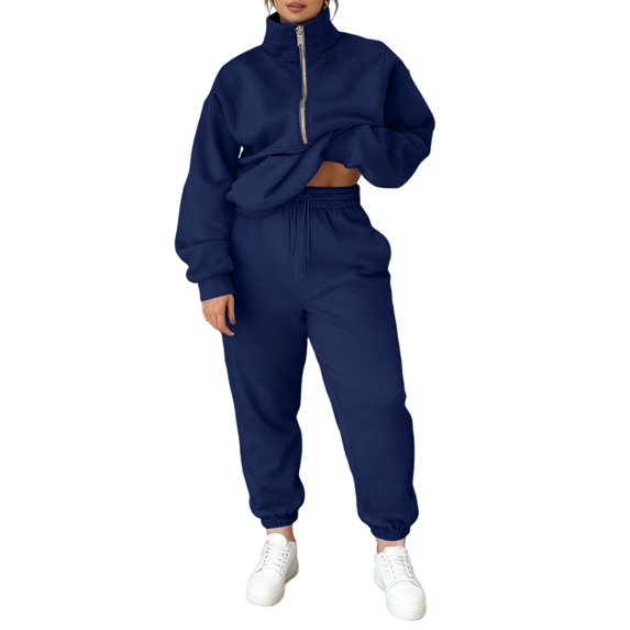 Kixjoy Blue Sweat Suits for Womens 2 Piece Plus Size Elastic Waist Pant Sets Long Sleeve Full Zip Casual Sweatsuit Plain Warm Winter Outfits for Women, Navy S