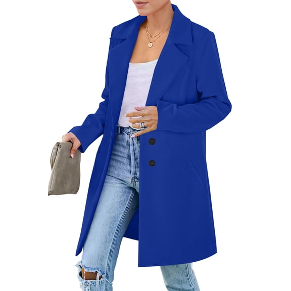Kixjoy Blue Women's Coats, Jackets & Vests Button Down Oversized Fleece Jacket Notched Collar Long Sleeve Fall Coat Soild Thermal Casual Jackets for Women with Pockets, Royal Blue S