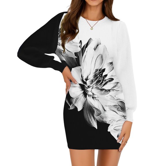 Kixjoy Bodycon Dresses for Women Long Sleeve Thermal Fall Sweater Dress Casual Crewneck Floral Print Dress Fashion Silm Fit Women's Clothing, White S
