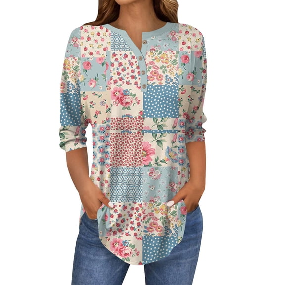 Kixjoy Boho Tops for Women 3/4 Sleeve Henley Tunic Tops Crewneck Floral Print T-Shirt Button Down Plus Size Pullover Loose Fit Dressy Casual Tunic Tops Pink XL