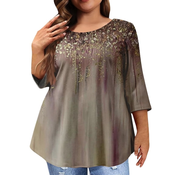 Kixjoy Boho Tops for Women Oversized 3/4 Sleeve Crew Neck Shirts Fashion Floral Print Loose Fit Tunic Tops Work Casual Fall Outfits for Women, Brown 4XL