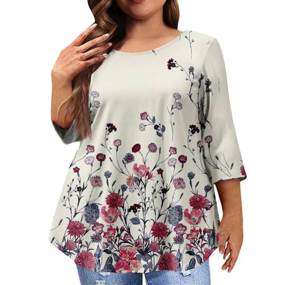 Kixjoy Boho Tops for Women Plus Size 3/4 Sleeve Crewneck Shirt Fashion Floral Print Loose Fit Tunic Tops Business Casual Fall Outfits for Women, Hot Pink 4XL