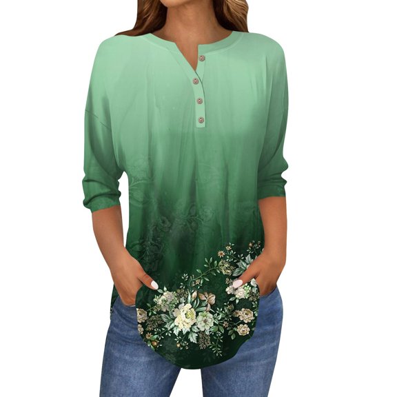 Kixjoy Boho Tops for Women 3/4 Sleeve Henley Tops Round Neck Floral Print Shirts Button Plus Size Blouses Loose Fit Casual Tunic Top Dark Green XXL