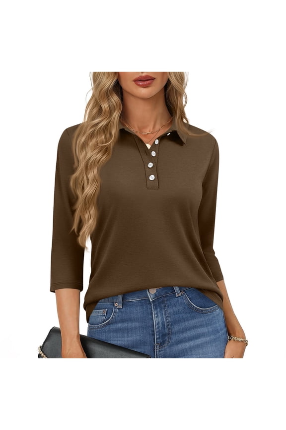 Brown Button Down Shirt Women Casual 3/4 Sleeve Polo Shirts Lightweight Trendy Soft Collared Shirts Work Soild Summer Womens Tops, Brown S