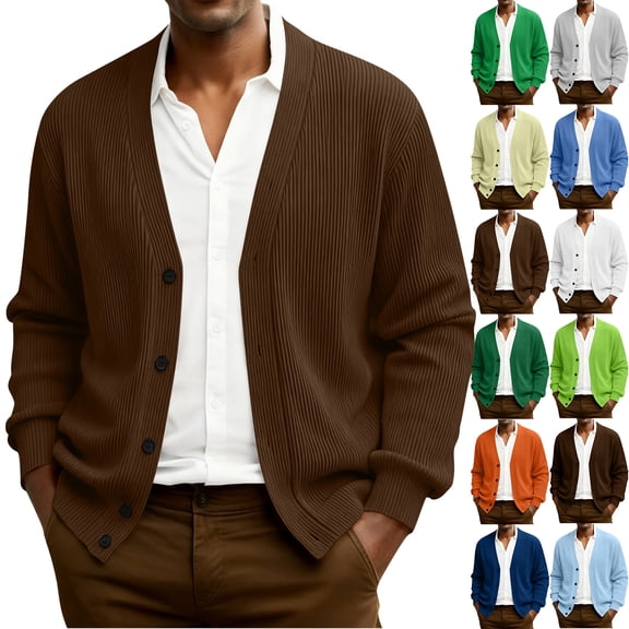 Kixjoy Brown Cardigan Sweaters for Men V Neck Long Sleeve Button Down Knit Cardigan Winter Fashion Big and Tall Jacket Soild Casual Lightweight Mens Sweater, Coffee 2XL