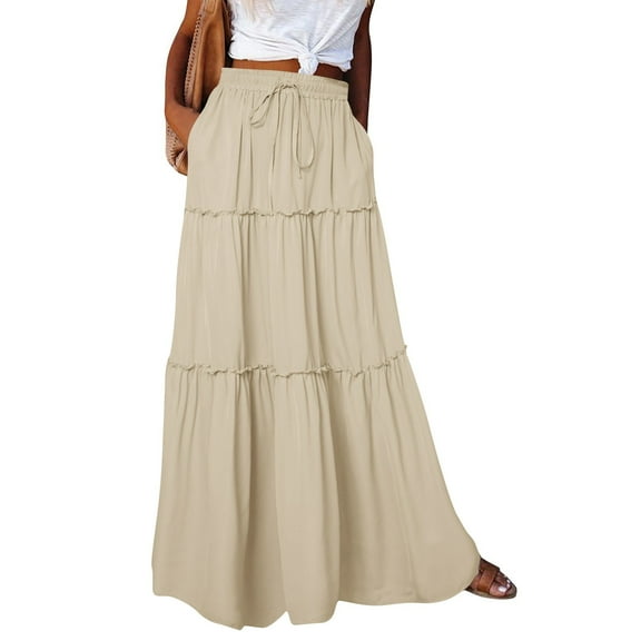 Kixjoy Brown Long Skirts for Women Elastic High Waisted Maxi Skirt Casual Drawstring A-Line Tiered Skirt Holiday Basic Cozy Trendy Outfits for Women, Khaki M