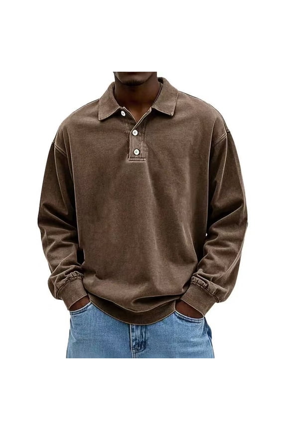 Brown Long Sleeve Shirts for Men Big and Tall Button Down Polo Shirt Collared Soild Winter Pullovers Casual Warm Lightweight Tees for Men, Brown M