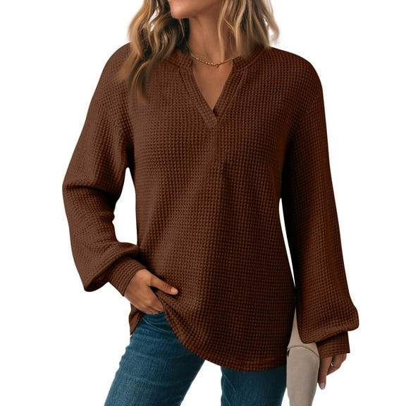 Kixjoy Brown Tops for Women Trendy Fashion Long Sleeve V-Neck Tshirt Oversized Fall Lightweight Pullover Casual Loose Fit Sweatshirt for Women, BrownXL