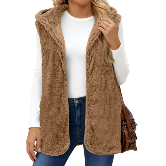 Kixjoy Brown Vest for Women Oversized Sherpa Hooded Vests Sleeveless Fuzzy Thermal Jacket Casual Lightweight Fall Womens Vests Outerwear, Brown XL