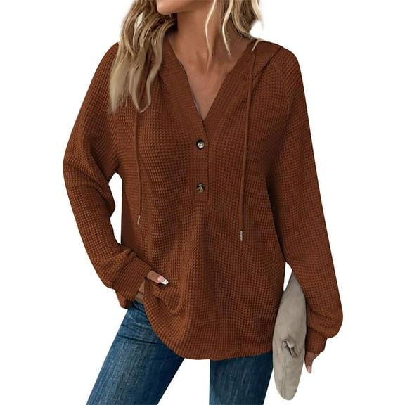 Kixjoy Brown Womens Waffle Knit Top Button Down Henley Long Sleeve Hoodie Oversized Casual Drawstring Winter Sweatshirt Lightweight Soild Baggy Tops for Women Trendy, Brown 3XL