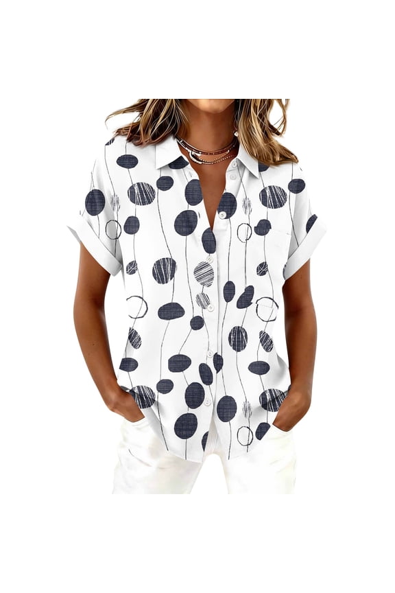 Button Down Shirts for Women Short Sleeve Collared Geometric Print Shirts Lounge Lightweight Trendy Tunic Tops Dressy Soft Womens Tops, Navy S