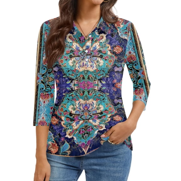 Kixjoy Button Down Tops for Women 3/4 Sleeve Fashion V Neck Sweatshirt Plus Size Floral Print Loose Fit Shirts Casual Fall Womens Tops, Light Blue S