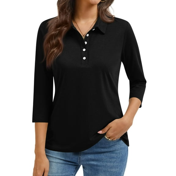 Kixjoy Button Down Womens Clothing 3/4 Sleeve Casual V Neck Sweatshirt Plus Size Basic Loose Fit Tops Fashion Fall Clothing for Women, Black S