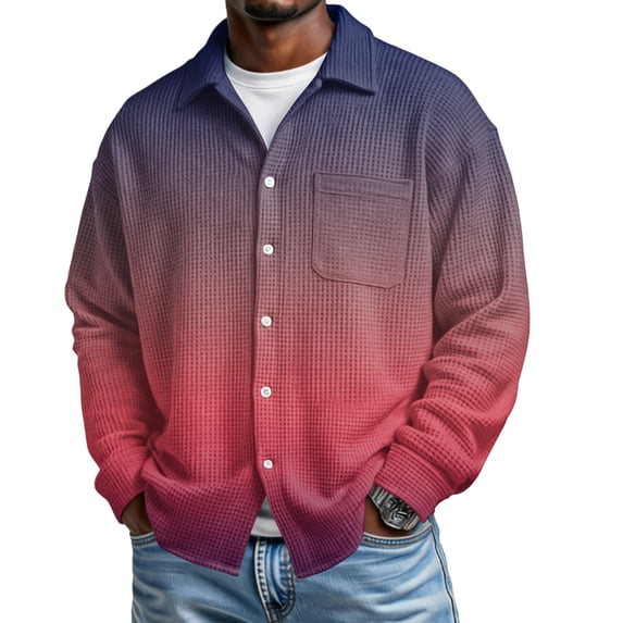 Kixjoy Long Sleeve Shirts for Men Big and Tall Button Down Waffle T Shirts Lounge Collared Shirt Jackets Gradient Fashion Cozy T Shirts, Pink 2XL
