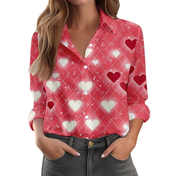 Kixjoy Button Down Shirts for Women Long Sleeve Collared V Neck Shirts Casual Lightweight Valentine Tunic Tops Dressy Plus Size Womens T Shirts, Watermelon Red 3XL