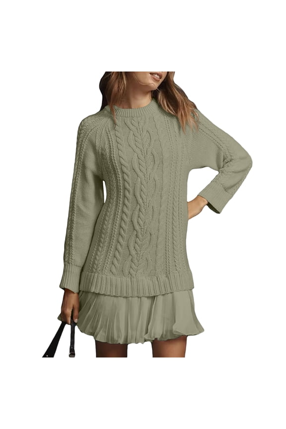 Cable Knit Sweater Dress for Women Crewneck Thermal Long Sleeve Sweaters Patchwork Pleated Mini Dress Soild Dressy Fall Dresses for Women, Green XL