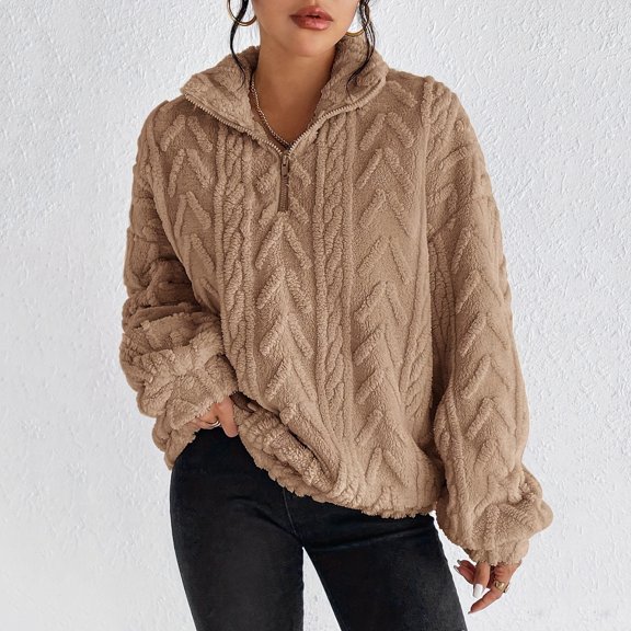 Kixjoy Cable Knit Sweater Women Long Sleeve Lightweight Quarter Zip Knit Sweaters Warm Fashion Fall Top Basic Soft Loose Fit Womens Pullover Trendy, Khaki XXL