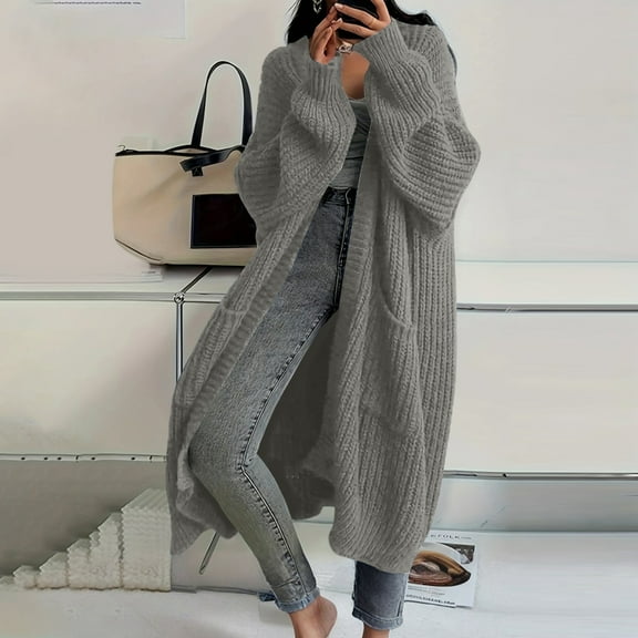 Kixjoy Cable Knit Sweater Women Long Sleeve Plus Size Plain Knit Sweater Winter Open Front Casual Cardigan Trendy Warm Loose Fit Outfits for Women, Light Gray 5XL