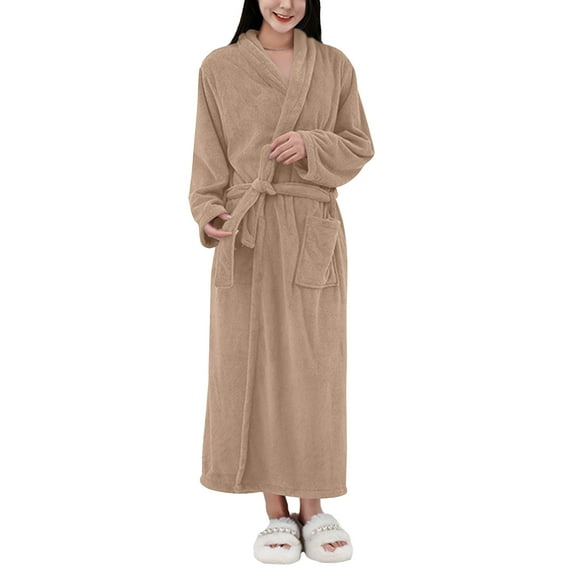 Kixjoy Camel Robes for Women Plus Size Plush Long Sleeve Bathrobe Lightweight Soft Thermal Robe Fall Soild Casual Housecoats for Women with Pockets, Camel