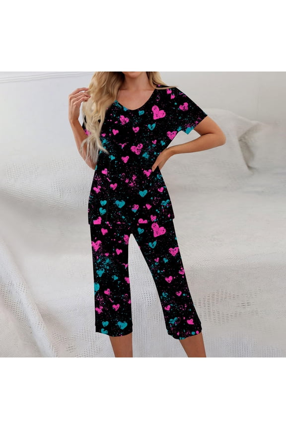 Capris Sets Women 2 Piece Outfits Short Sleeve Sweatsuit Casual Summer Sweat Capris and Shirts Classic Valentines Loose Fit Tracksuits for Women Set with Pockets, Turquoise S