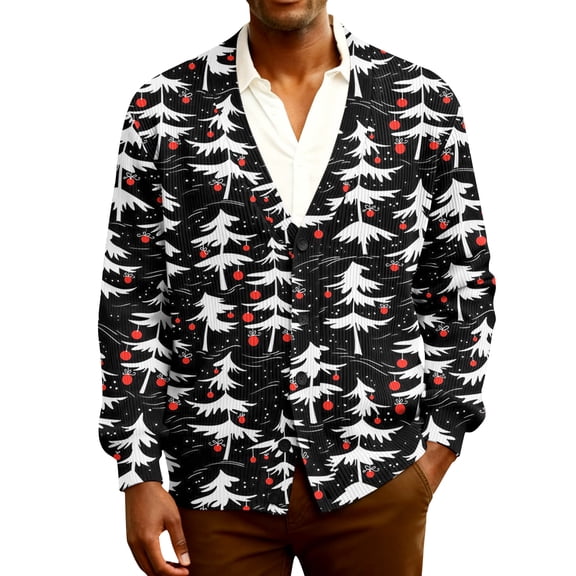 Kixjoy Christmas Cardigan Men Long Sleeve Big and Tall Button Down Knit Cardigan V Neck Winter Casual Jacket Christmas Fashion Lightweight Mens Sweater, Black 3XL
