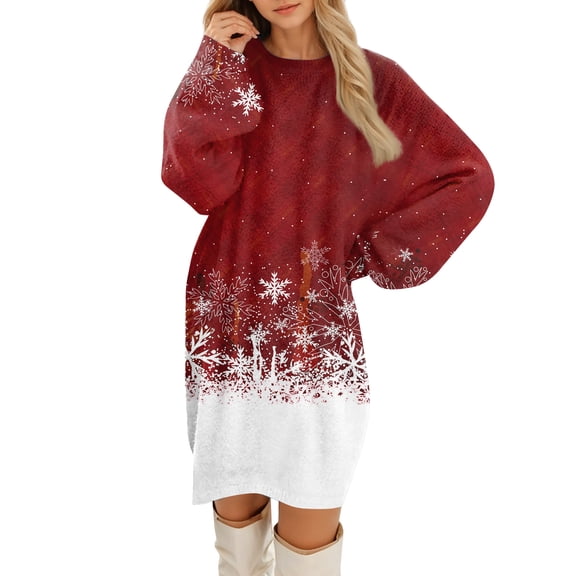 Kixjoy Christmas Dresses for Women Long Sleeve Fall Sweater Dresses Plus Size Fashion Crew Neck Christmas Dress Warm Baggy Women Fall ClothesWatermelon Red 2XL