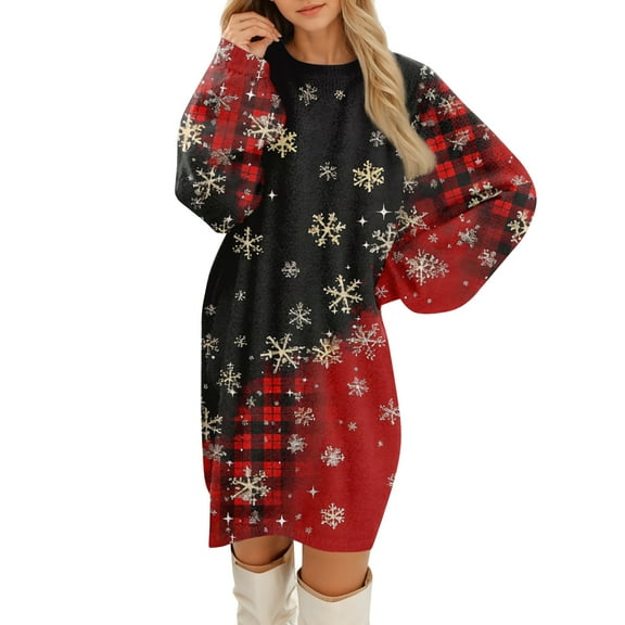 Kixjoy Christmas Dresses for Women Long Sleeve Winter Plus Size Sweater Dresses Thermal Christmas Crewneck Dresses Fashion Loose Fit Fall Outfits for WomenBlack S