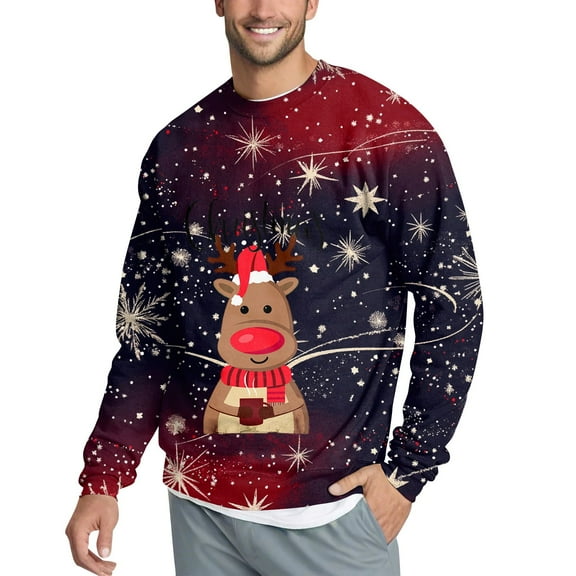 Kixjoy Christmas Gifts for Men Christmas Printed Winter Crewneck Sweater Oversized Long Sleeve Shirts for Men Lightweight Thermal Casual Pullovers, NavyL
