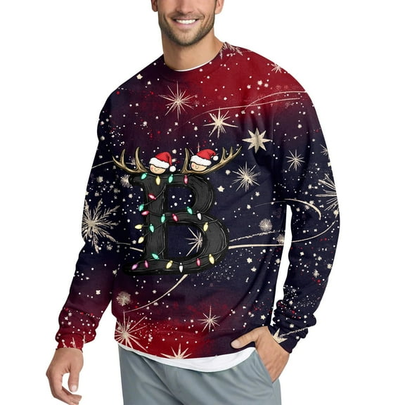 Kixjoy Christmas Gifts for Men Oversized Winter Crewneck T-Shirts Christmas Printed Long Sleeve Mens Shirts Thermal Lightweight Fashion Sweater, BlueS
