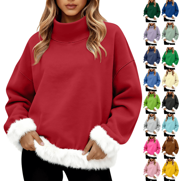 Kixjoy Christmas Sweatshirts for Women Long Sleeve Faux Fur Mock Neck Sweatshirts Plus Size Fall Casual Pullover Furry Fashion Loose Fit Womens Sweater, Red L