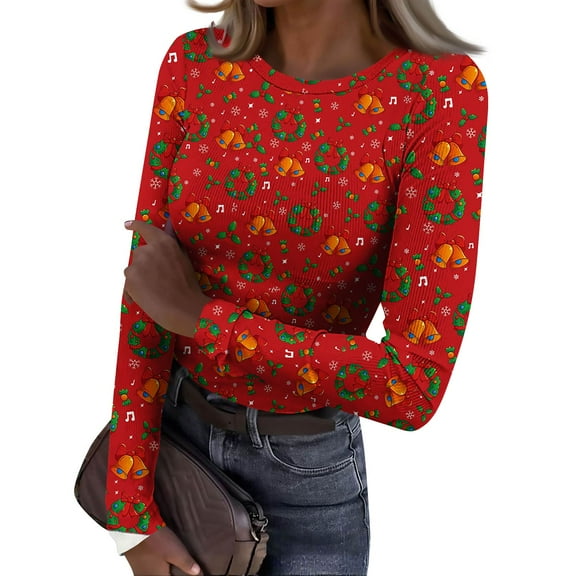 Kixjoy Christmas Thermal Shirts for Women Long Sleeve Ribbed Crewneck Top Slim Fit Thermal Winter Undershirt Christmas Lightweight Fall Tops for Women 2025, Red M