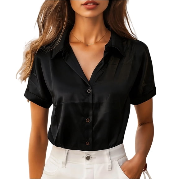 Kixjoy Collared Shirts for Women Velvet Short Sleeve Elegant Top Soft Dressy Soild Blouses Office Casual Fall Shirts for Women, Black XL
