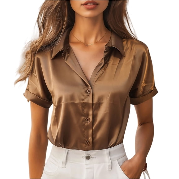 Kixjoy Collared Shirts for Women Velvet Short Sleeve Elegant Tops Soft Dressy Soild Blouse Holiday Casual Summer Womens Tops, Champagne M