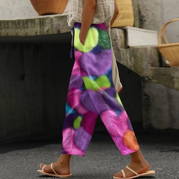 Kixjoy Color Linen Pants Women Casual Loose Fit Valentine's Capris Pant Drawstring Elastic Waisted Wide Leg Linen Pants Fashion Soft Summer Trousers Pants, Dark Purple XXL