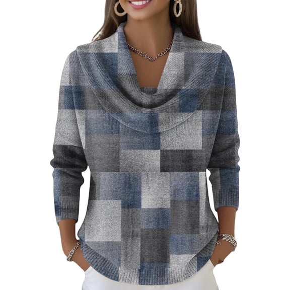 Kixjoy Cowl Neck Sweater for Women Long Sleeve Casual Trendy Knit Sweater Petite Lightweight Plaid Pullover Winter Cozy Vacation Womens Tops, Dark Gray M