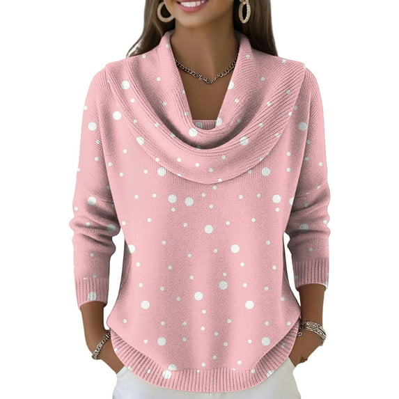 Kixjoy Cowl Neck Sweater for Women Long Sleeve Casual Trendy Knit Sweater Petite Lightweight Polka Dot Pullover Fall Cozy Vacation Womens Sweaters, Pink S